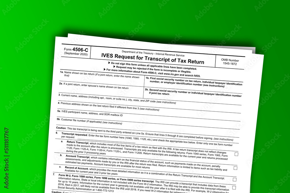 Naklejka premium Form 4506-C documentation published IRS USA 44115. American tax document on colored