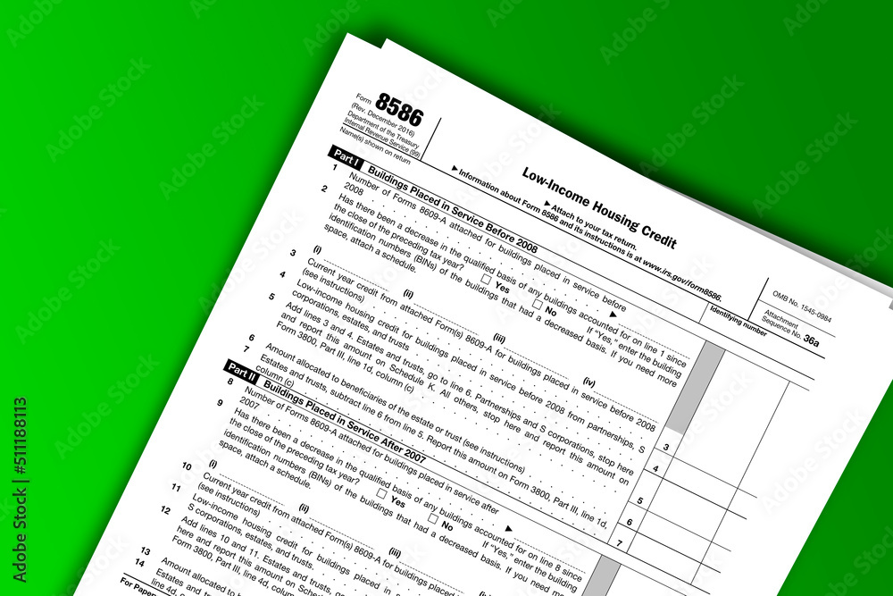 Form 8586 documentation published IRS USA 10.21.2016. American tax document on colored Form 8586 documentation published IRS USA 10.21.2016. American tax document on colored