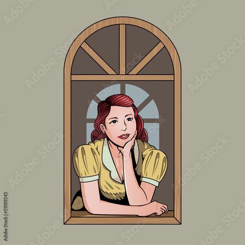 Woman leaning out the window pin up version