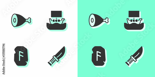 Set Dagger, Chicken leg, Magic rune and Viking ship Drakkar icon. Vector