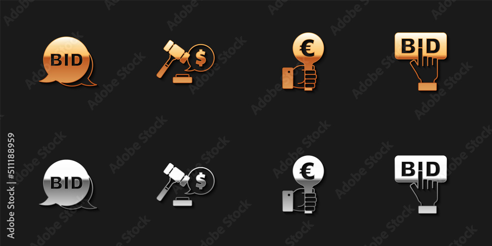 Set Bid, Auction hammer price, Hand holding auction paddle and icon. Vector Set Bid, Auction hammer price, Hand holding auction paddle and icon. Vector