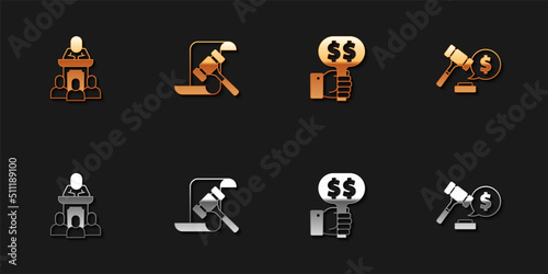 Set Auction auctioneer sells, hammer, Hand holding paddle and price icon. Vector