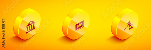Set Isometric Museum building, Online auction and Auction hammer icon. Vector