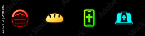 Set Basket with easter eggs, Christian bread, cross on phone and Pope hat icon. Vector