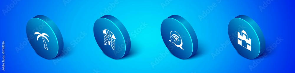 Set Isometric Tropical palm tree, Eye of Horus, Egyptian house and pharaoh icon. Vector Set Isometric Tropical palm tree, Eye of Horus, Egyptian house and pharaoh icon. Vector