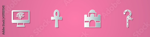 Set paper cut Eye of Horus on monitor, Cross ankh, Egyptian house and Crook icon. Paper art style. Vector