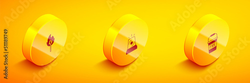Set Isometric Burning match with fire, Flasher siren and Fire bucket icon. Vector