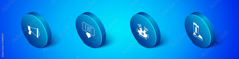 Set Isometric Megaphone, Fire hydrant, boots and exit icon. Vector Set Isometric Megaphone, Fire hydrant, boots and exit icon. Vector