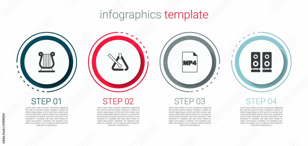 Set Ancient Greek lyre, Triangle musical instrument, MP4 file document and Stereo speaker. Business infographic template. Vector Set Ancient Greek lyre, Triangle musical instrument, MP4 file document and Stereo speaker. Business infographic template. Vector