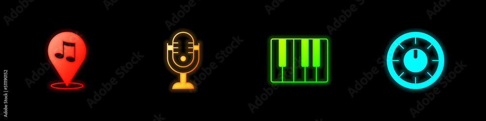 Set Location musical note, Microphone, Music synthesizer and Sound mixer controller icon. Vector Set Location musical note, Microphone, Music synthesizer and Sound mixer controller icon. Vector