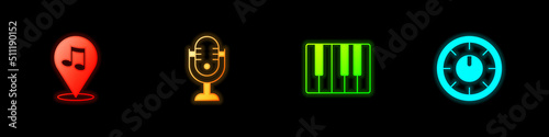 Set Location musical note, Microphone, Music synthesizer and Sound mixer controller icon. Vector