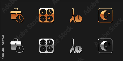 Set Work time, Time zone clocks, Cleaning and Moon and stars icon. Vector