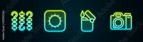 Set line Grilled shish kebab on skewer, Sun, Lighter and Photo camera. Glowing neon icon. Vector