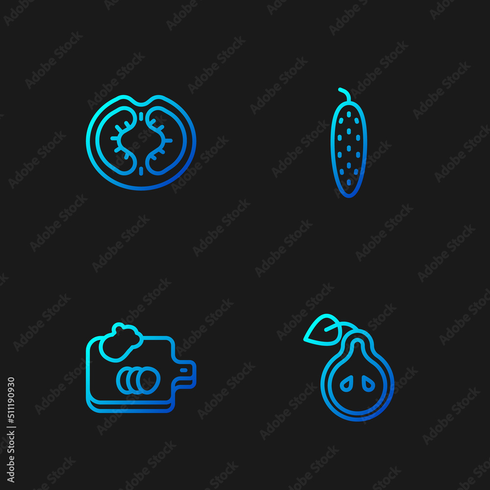Set line Pear, Cutting board with vegetables, Tomato and Cucumber. Gradient color icons. Vector Set line Pear, Cutting board with vegetables, Tomato and Cucumber. Gradient color icons. Vector