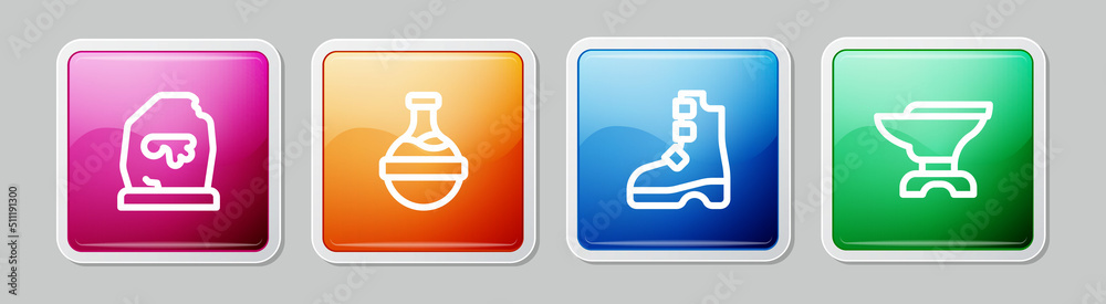 Set line Magic rune, Bottle with potion, Ancient viking boots and Anvil for blacksmithing. Colorful square button. Vector Set line Magic rune, Bottle with potion, Ancient viking boots and Anvil for blacksmithing. Colorful square button. Vector