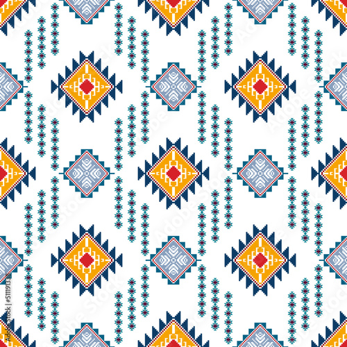 Ikat abstract geometric ethnic seamless pattern design. Tribal boho native textile turkey traditional embroidery vector. Aztec fabric carpet mandala ornaments textile decorations wallpaper.