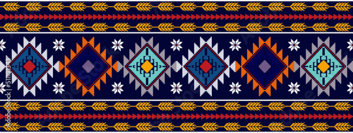 Ikat abstract geometric ethnic seamless pattern design. Tribal boho native textile turkey traditional embroidery vector. Aztec fabric carpet mandala ornaments textile decorations wallpaper.