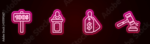 Set line Hand holding auction paddle, Auction auctioneer sells, Price tag with Sale and hammer. Glowing neon icon. Vector
