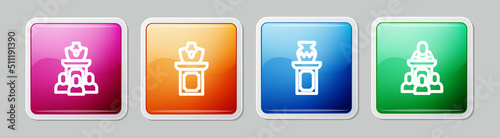 Set line Auction jewelry sale, ancient vase and auctioneer sells. Colorful square button. Vector