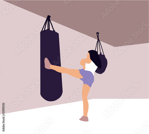 Woman with boxing gloves kicking bag in the gym.  Healthy lifestyle concept. Vector illustration.