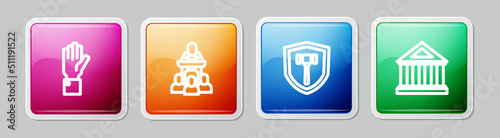 Set line Hand holding auction, Auction auctioneer sells, hammer and Museum building. Colorful square button. Vector