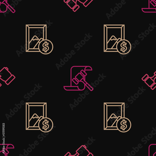 Set line Auction hammer, painting and on seamless pattern. Vector