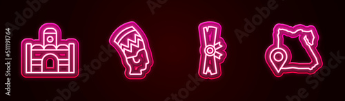 Set line Egyptian house, Nefertiti, Papyrus scroll and Map of. Glowing neon icon. Vector