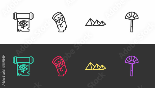 Set line Eye of Horus on papyrus scroll, Nefertiti, Egypt pyramids and Egyptian fan on black and white. Vector