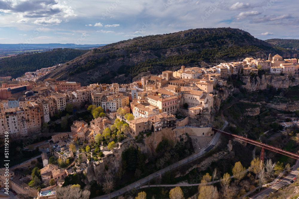 View from drone of old hanging houses of Cuenca city, capital of Cuenca province in east-central Spain