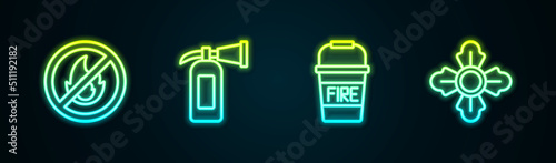 Set line No fire, Fire extinguisher, bucket and Firefighter. Glowing neon icon. Vector
