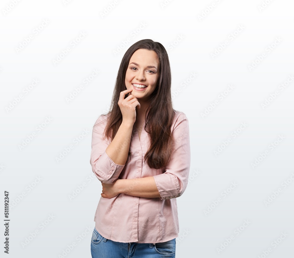 Corporate woman in office smiling, greeting business partner Corporate woman in office smiling, greeting business partner