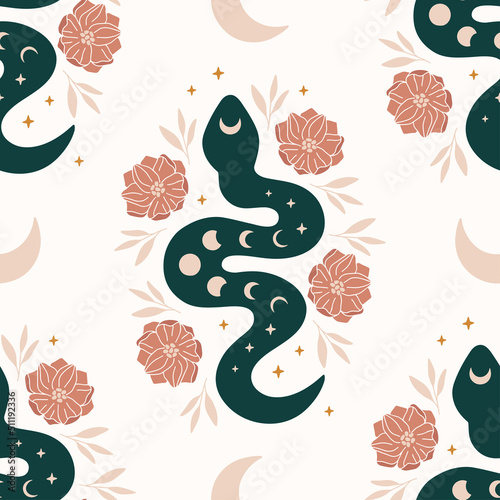 Vector seamless pattern with boho snake. Print with magic serpent, moon phase, flowers and stars. Mystical background for digital paper, fabric design, phone case, wrapping, cover.