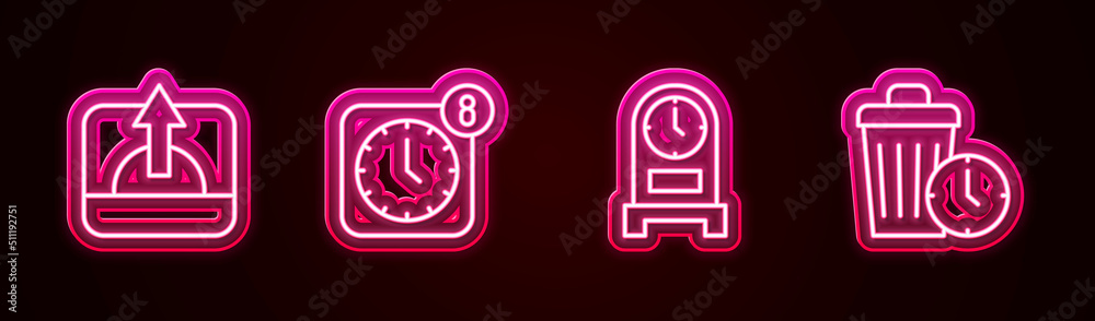 Set line Sunrise, Alarm clock app mobile, Antique and Waste of time. Glowing neon icon. Vector Set line Sunrise, Alarm clock app mobile, Antique and Waste of time. Glowing neon icon. Vector