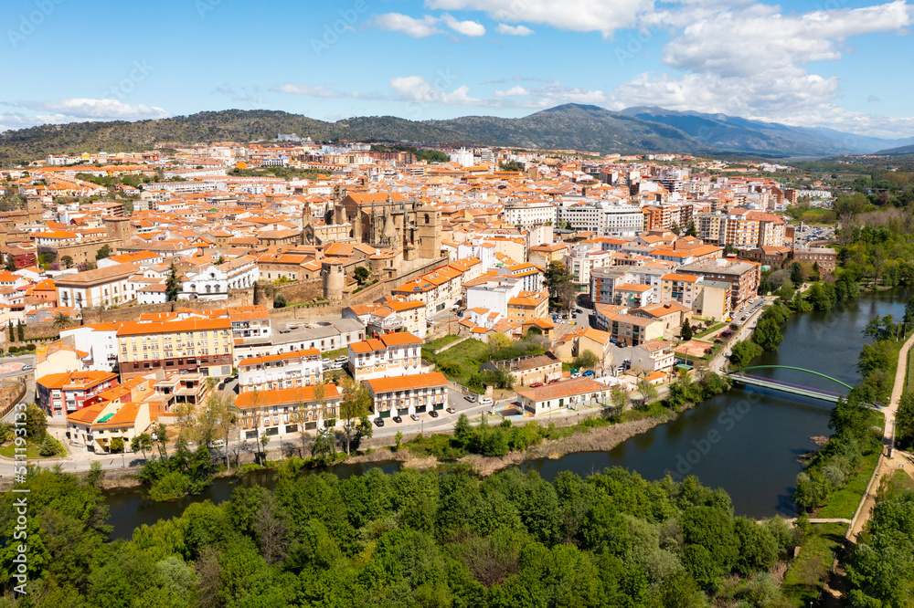 Drone photo of Plasencia, province of Caceres, Extremadura, Western Spain. Jerte River visible from above.