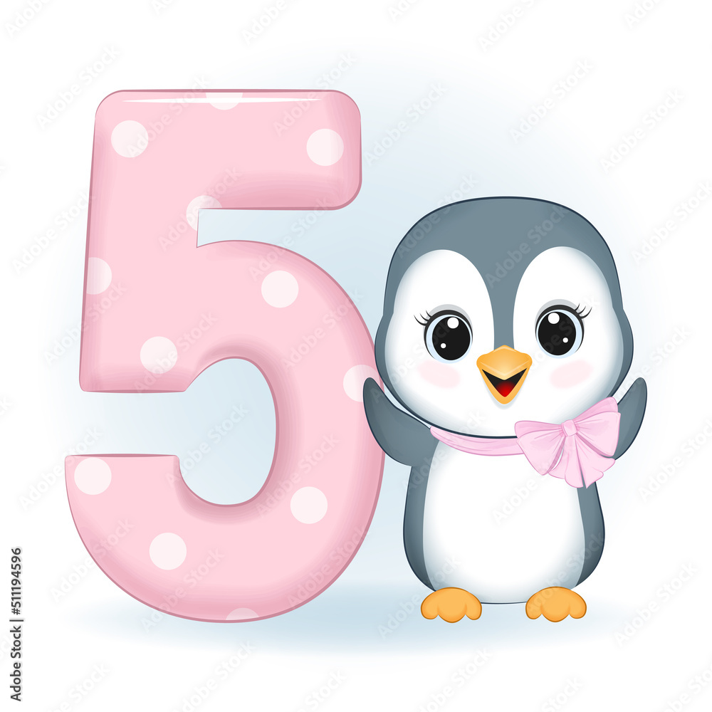 Fototapeta premium Cute Little Penguin and number 5