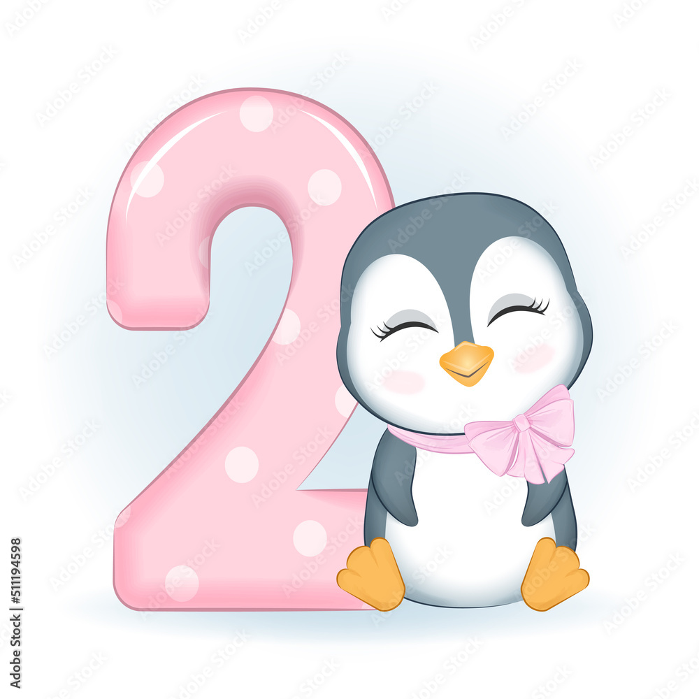 Cute Little Penguin and number 2