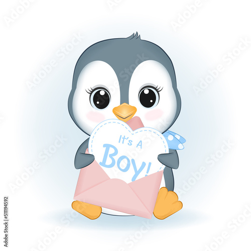 Cute Little Penguin and Heart in Letter