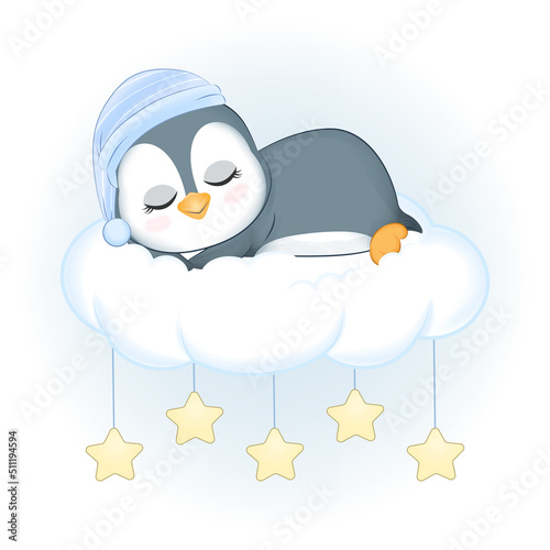 Cute Little Penguin sleeping on the cloud
