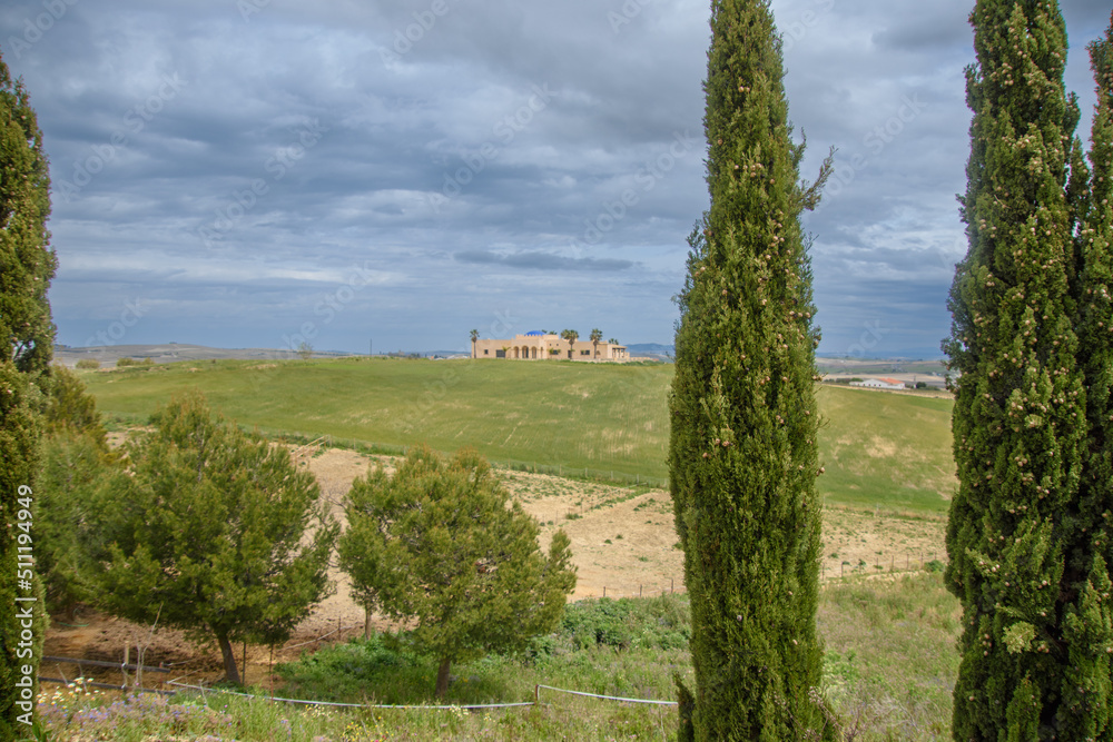 View of a farmhouse in the Andalusian countryside near the city of Jerez in Spain