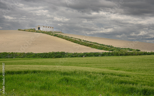 View of a farmhouse in the Andalusian countryside near the city of Jerez in Spain