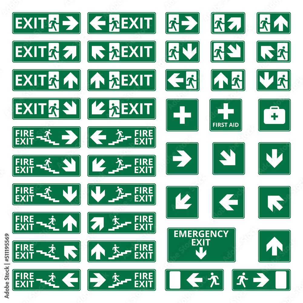 Set of safety signs. Exit signs. Set of emergency exit signs