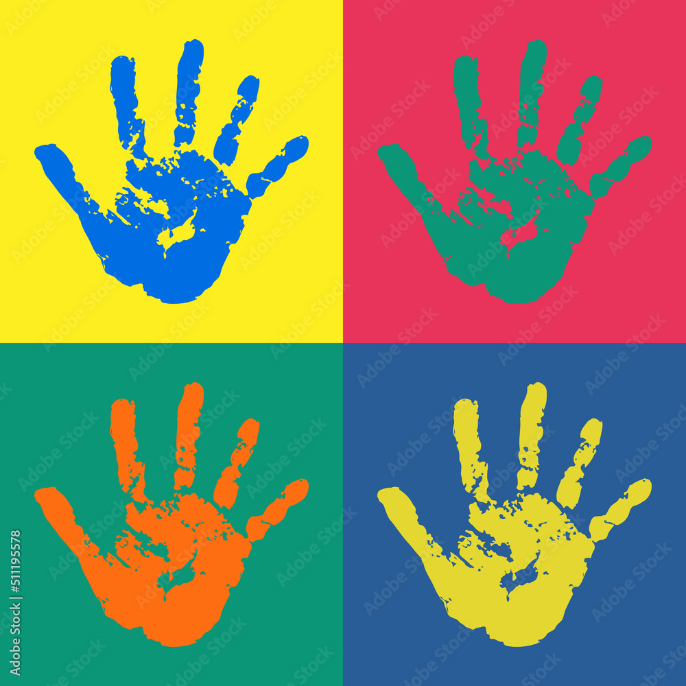 Handprint poster in flat style. Watercolor / acrylic colorful kids handprints.  Kids art or crafts. Preschool  primary school design element. Vector eps 10 illustration isolated on white background.