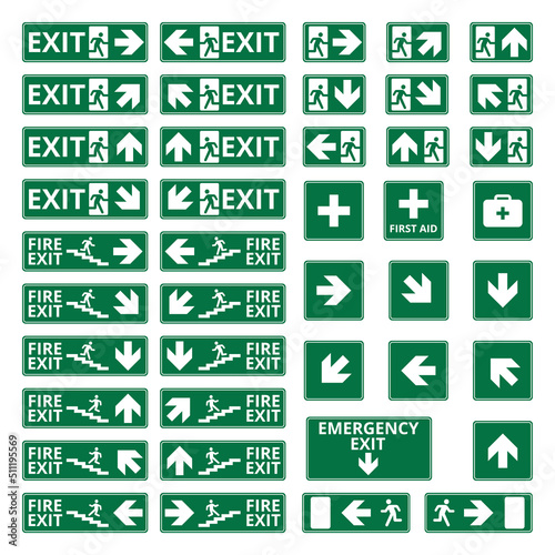 Set of safety signs. Exit signs. Set of emergency exit signs. Collection of warning signs. Vector illustration. Signs of danger. Signs of alerts.