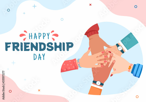 Happy Friendship Day Cute Cartoon Illustration with Young Boys and Girls of Hugging Together or Putting Their Hands in Flat Style