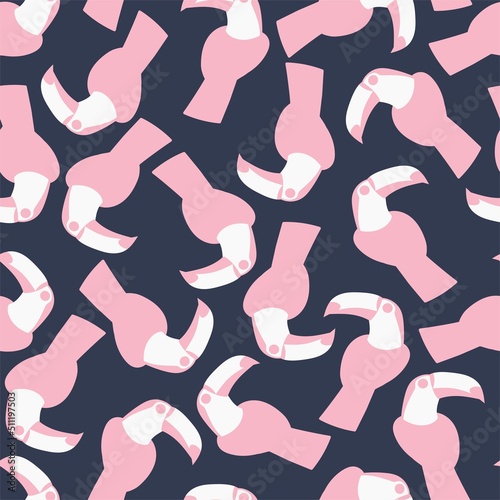 Minimalist pink toucan birds seamless pattern vector. Cartoon pink and white tropical birds on dark blue background - surface design vector. Tropical night hand-drawn contrast endless texture photo