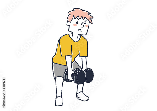 ダンベルを使ってスクワットをする男性　ストイックに体を鍛える人々