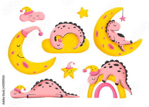 Set of cute pink sleeping dinosaurs. Sweet baby dino, moon, stars, cloud, rainbow with nightcap. Childish colored hand drawn illustration in cartoon style. Good night clipart, sleepy animals