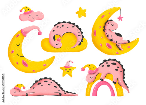 Fototapeta Naklejka Na Ścianę i Meble -  Set of cute pink sleeping dinosaurs. Sweet baby dino, moon, stars, cloud, rainbow with nightcap. Childish colored hand drawn illustration in cartoon style. Good night clipart, sleepy animals