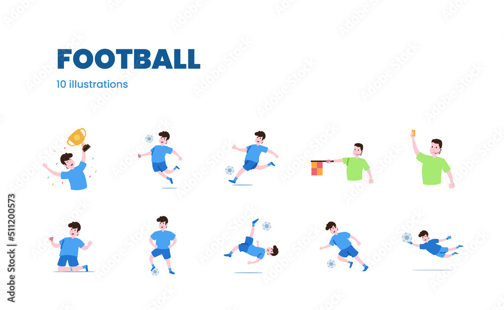 Football or soccer player and referee illustration set for match league cup