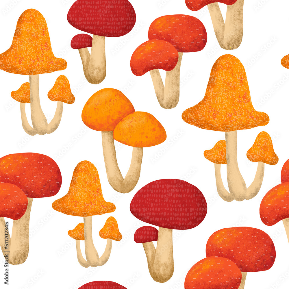 Hand drawn seamless pattern with fall autumn mushrooms fungi, wild nature background. Thanksgiving forest wood woodland fabric print in orange red yellow. For textile wallpaper wrapping paper.